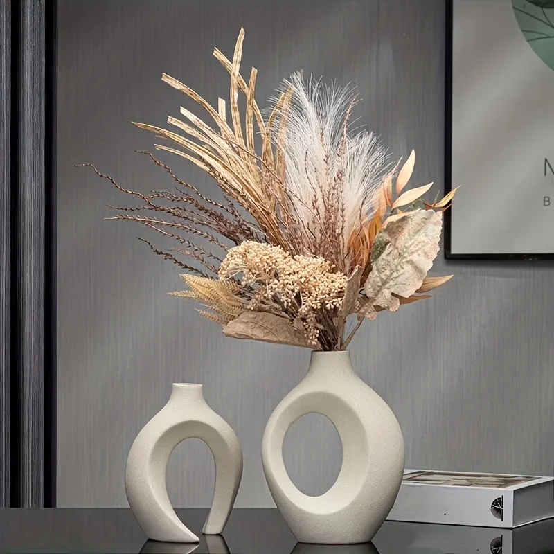 Florero de cerámica moderno nórdico hueco, juego de 2 para decoración moderna del hogar, floreros huecos bohemios modernos para estantería de sala de estar - Imagen 6