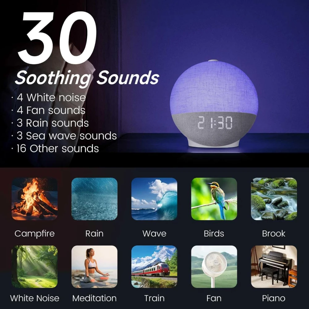 Despertador con luz de sol, máquina de sonido con ruido blanco, Altavoz Bluetooth, luces nocturnas que cambian de Color para dormitorio, regalo Ideal - Imagen 6