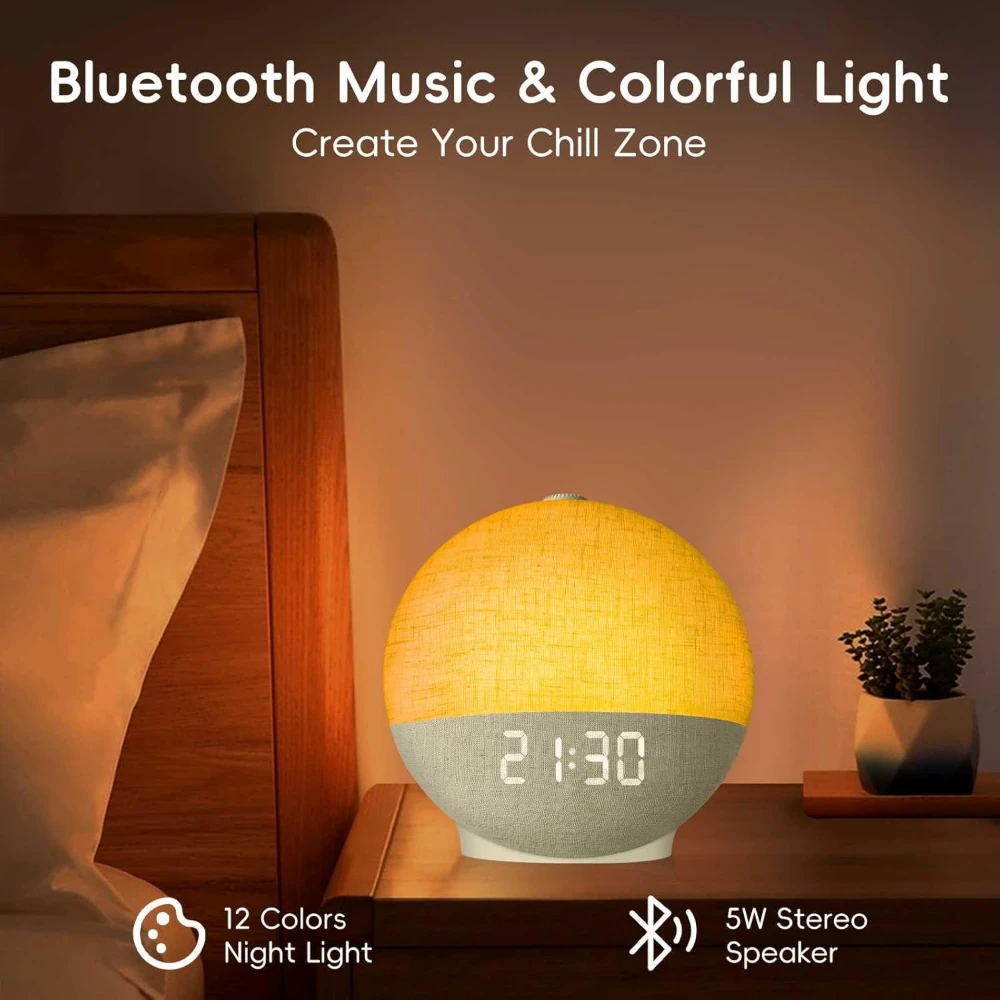 Despertador con luz de sol, máquina de sonido con ruido blanco, Altavoz Bluetooth, luces nocturnas que cambian de Color para dormitorio, regalo Ideal - Imagen 2