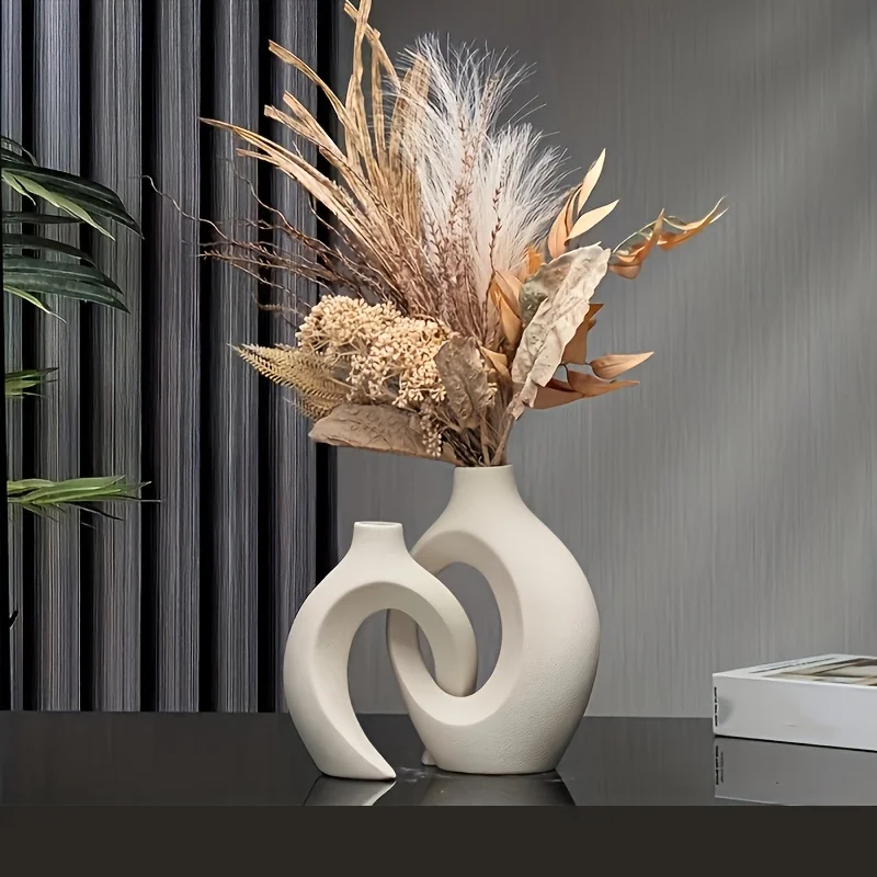 Florero de cerámica moderno nórdico hueco, juego de 2 para decoración moderna del hogar, floreros huecos bohemios modernos para estantería de sala de estar