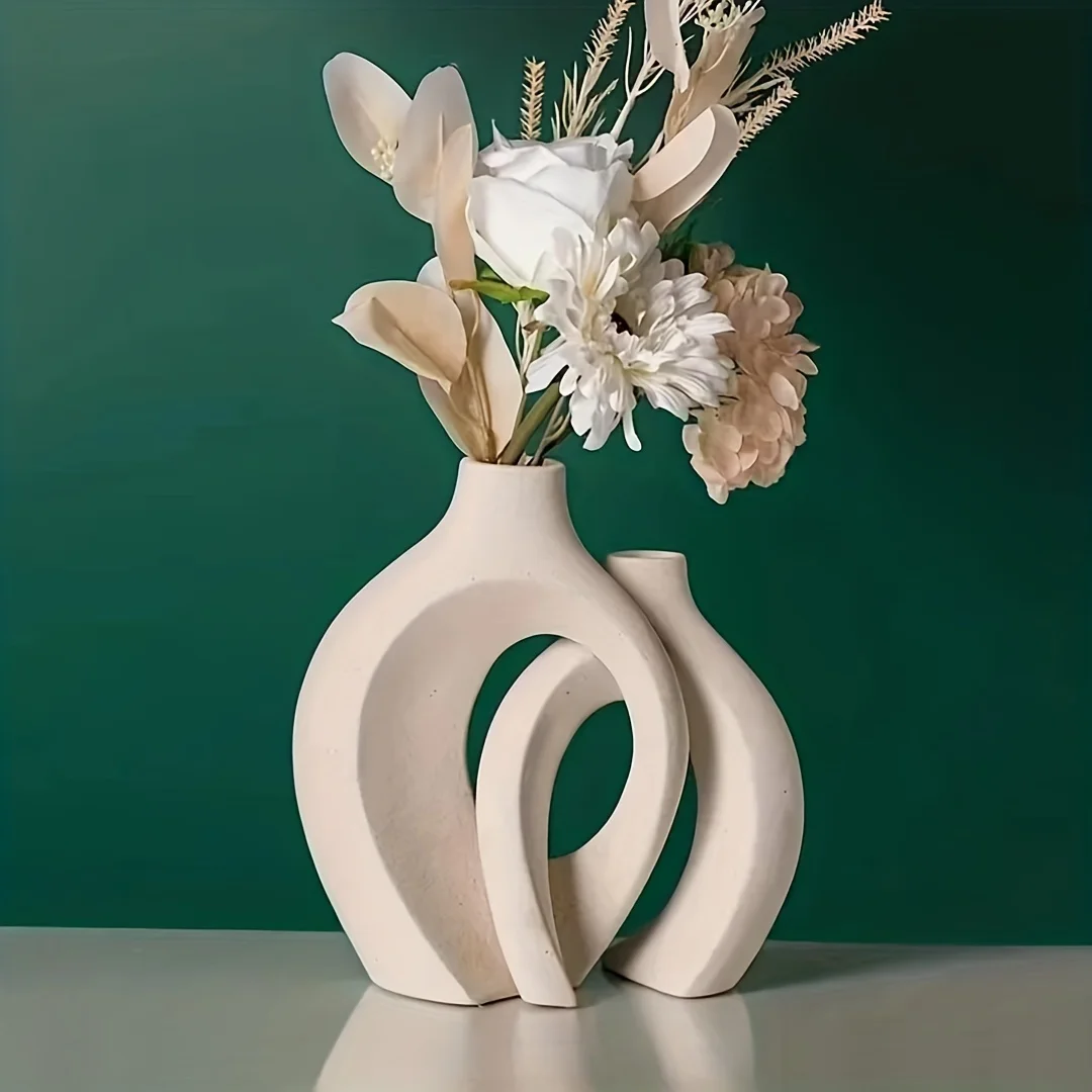 Florero de cerámica moderno nórdico hueco, juego de 2 para decoración moderna del hogar, floreros huecos bohemios modernos para estantería de sala de estar - Imagen 2
