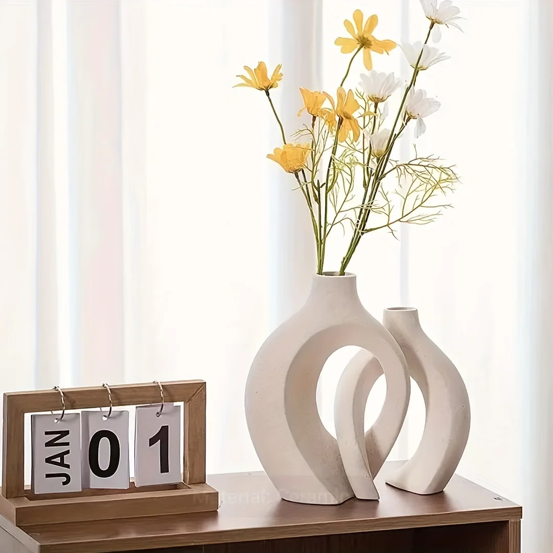 Florero de cerámica moderno nórdico hueco, juego de 2 para decoración moderna del hogar, floreros huecos bohemios modernos para estantería de sala de estar - Imagen 3