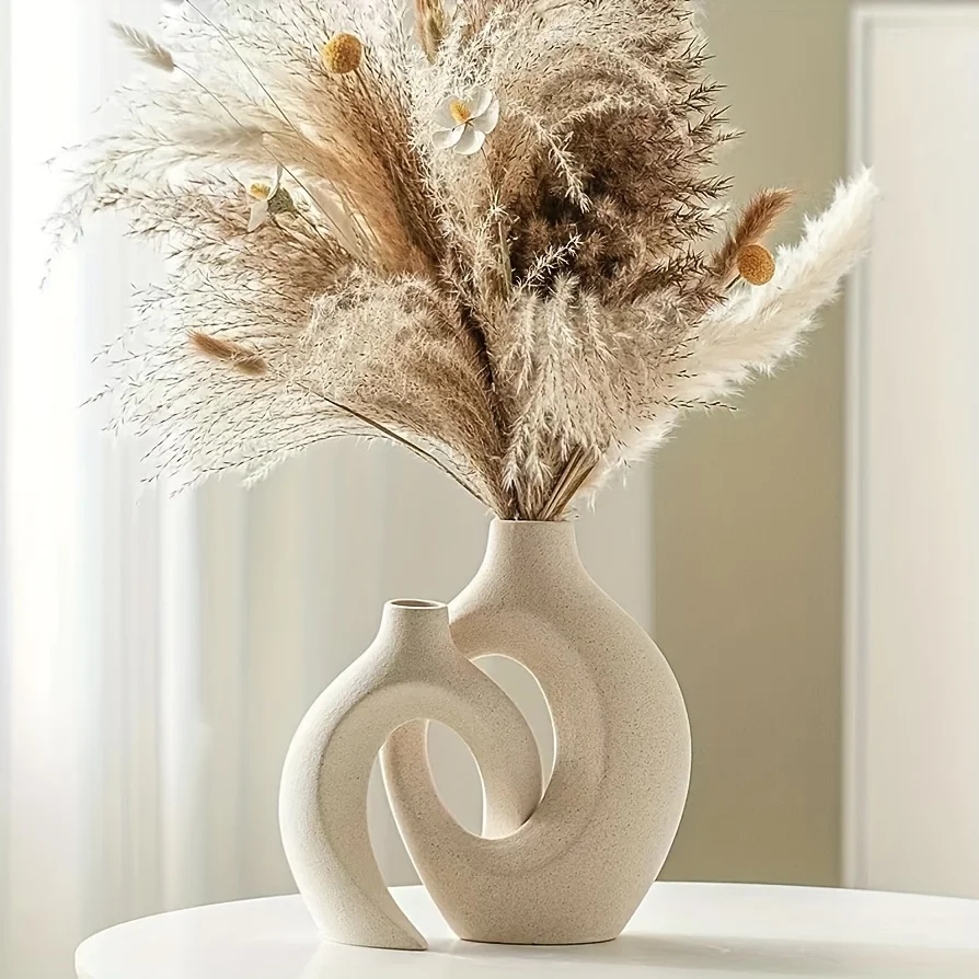 Florero de cerámica moderno nórdico hueco, juego de 2 para decoración moderna del hogar, floreros huecos bohemios modernos para estantería de sala de estar - Imagen 4